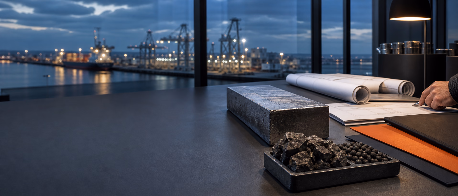 Trade team reviewing documents and steel samples