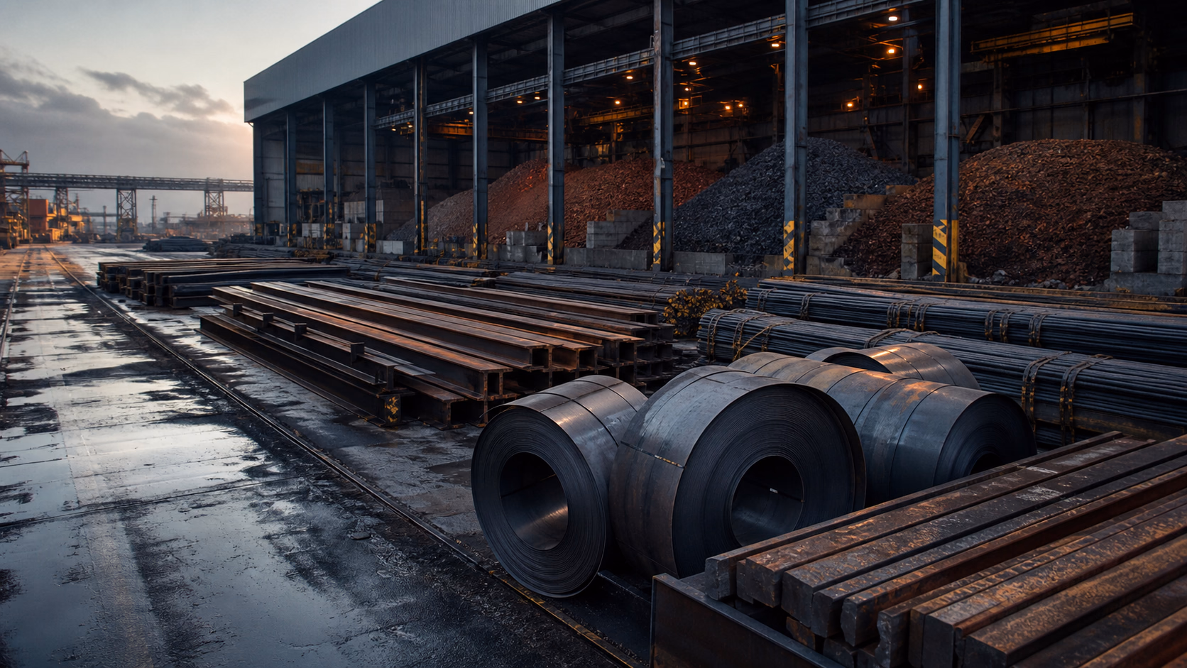 Ferrous raw materials and finished steel at an industrial terminal