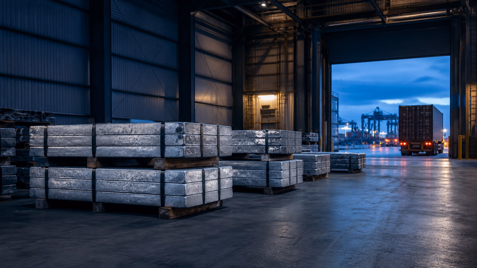 Zinc material bundles staged in an export warehouse
