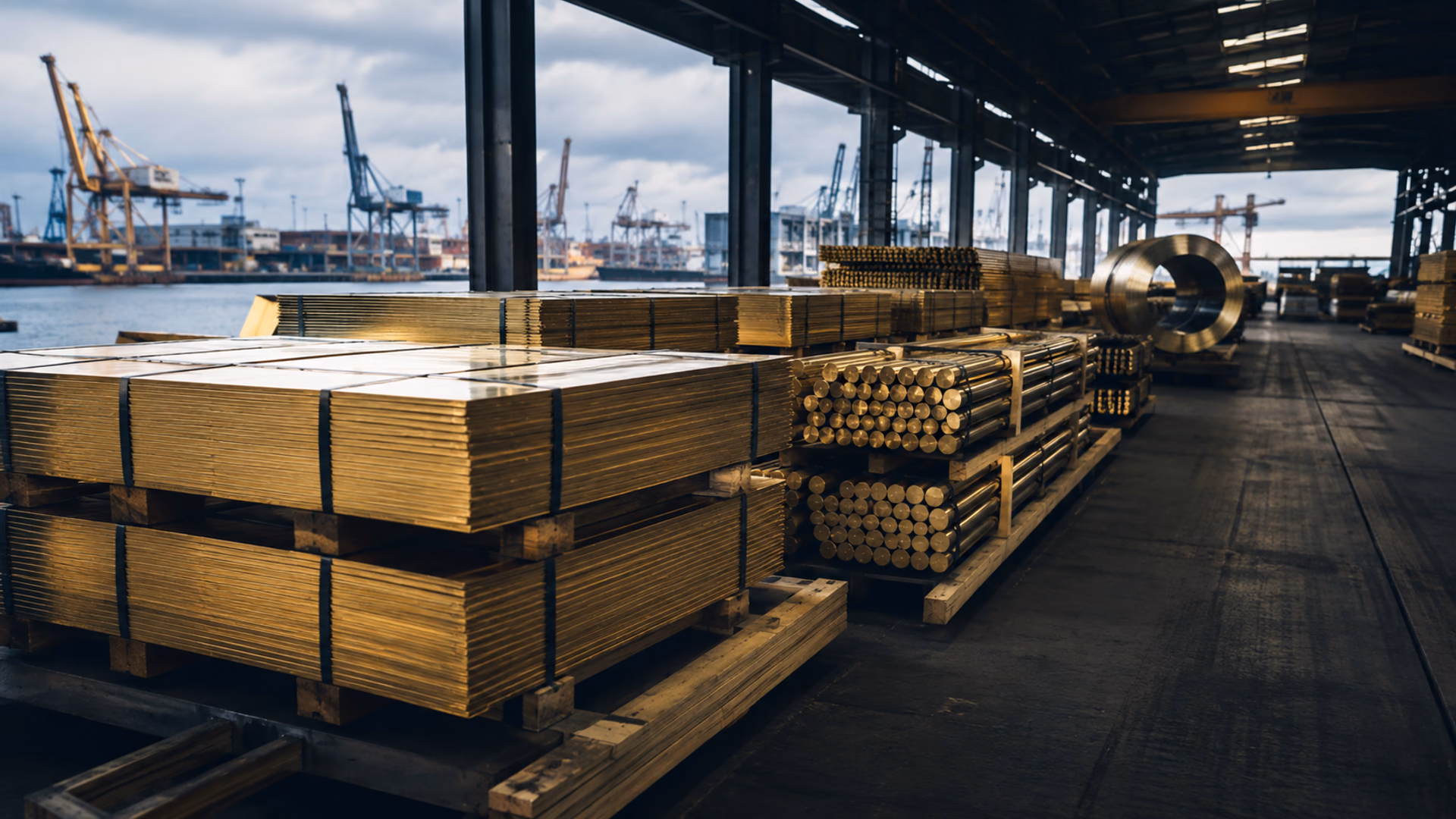 Brass coils, sheets, rods and ingots in an industrial warehouse
