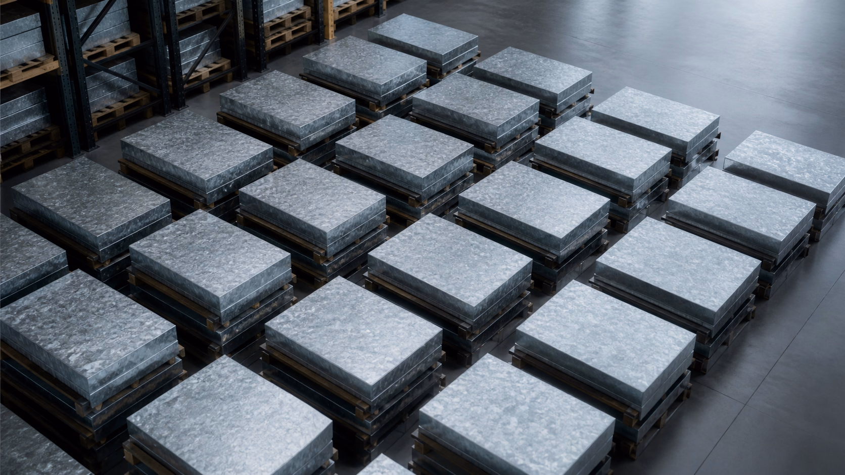Zinc material bundles staged in an export warehouse