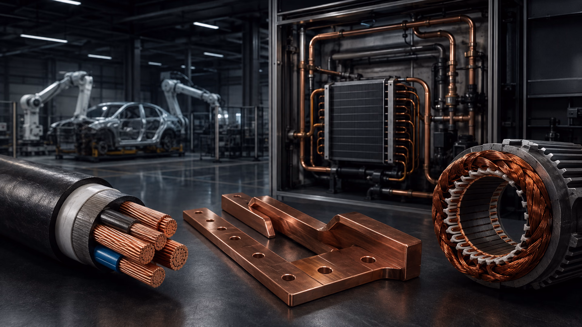 Copper coils, wire, building tube and electrical components arranged by use