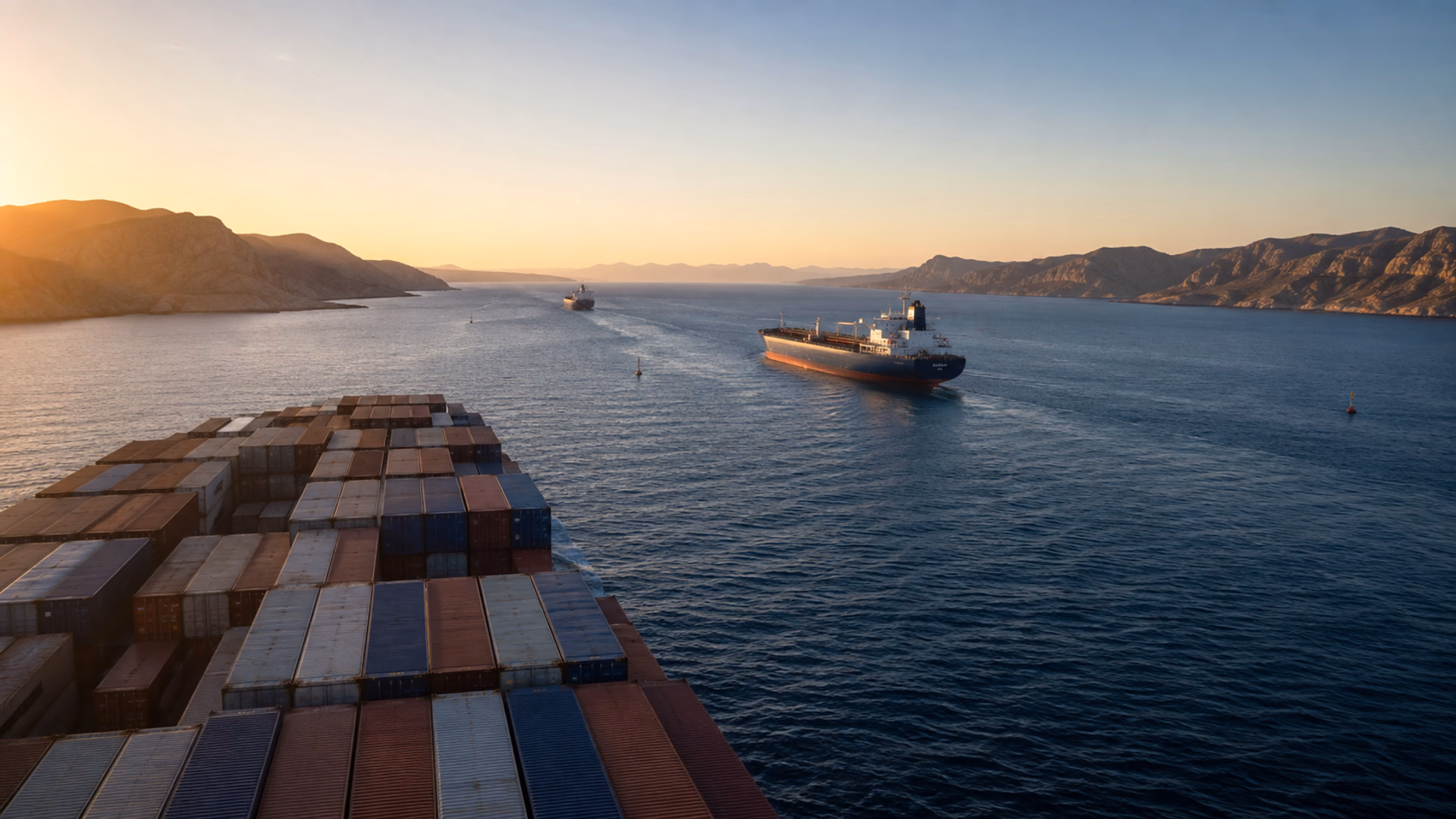 Commercial cargo vessel crossing a narrow shipping corridor at dusk