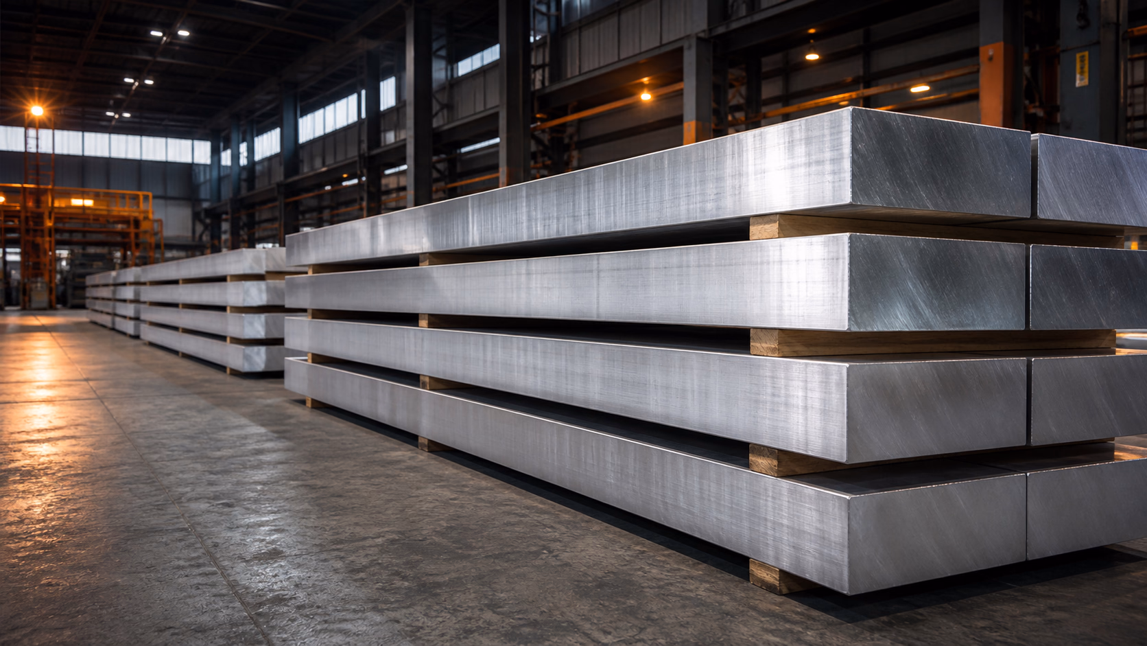 Long aluminium billets stacked on timber spacers