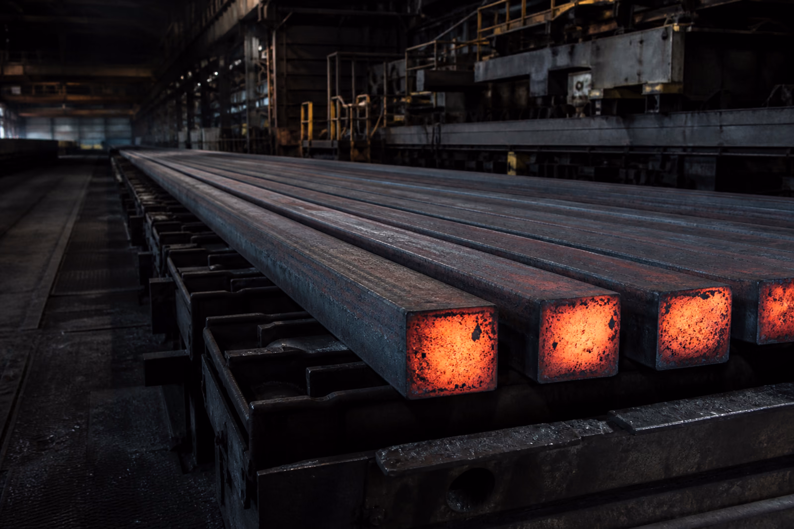 Steel billets cooling on a mill transfer bed