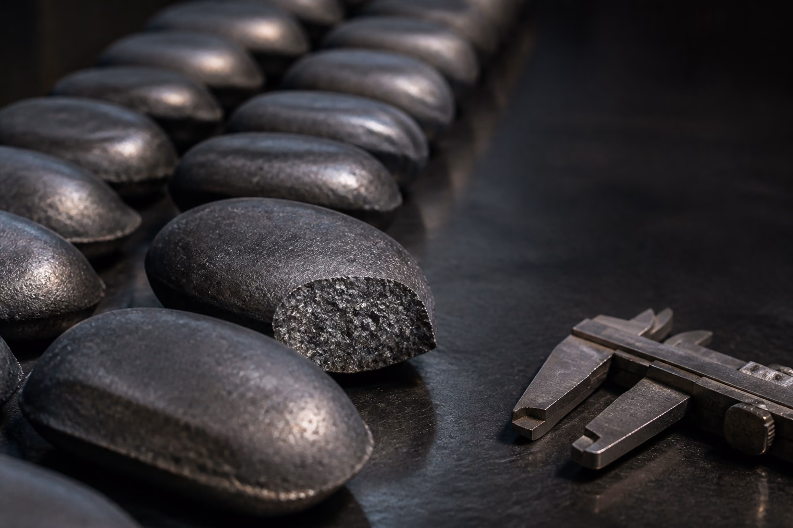 Cold briquetted iron on a quality-control table