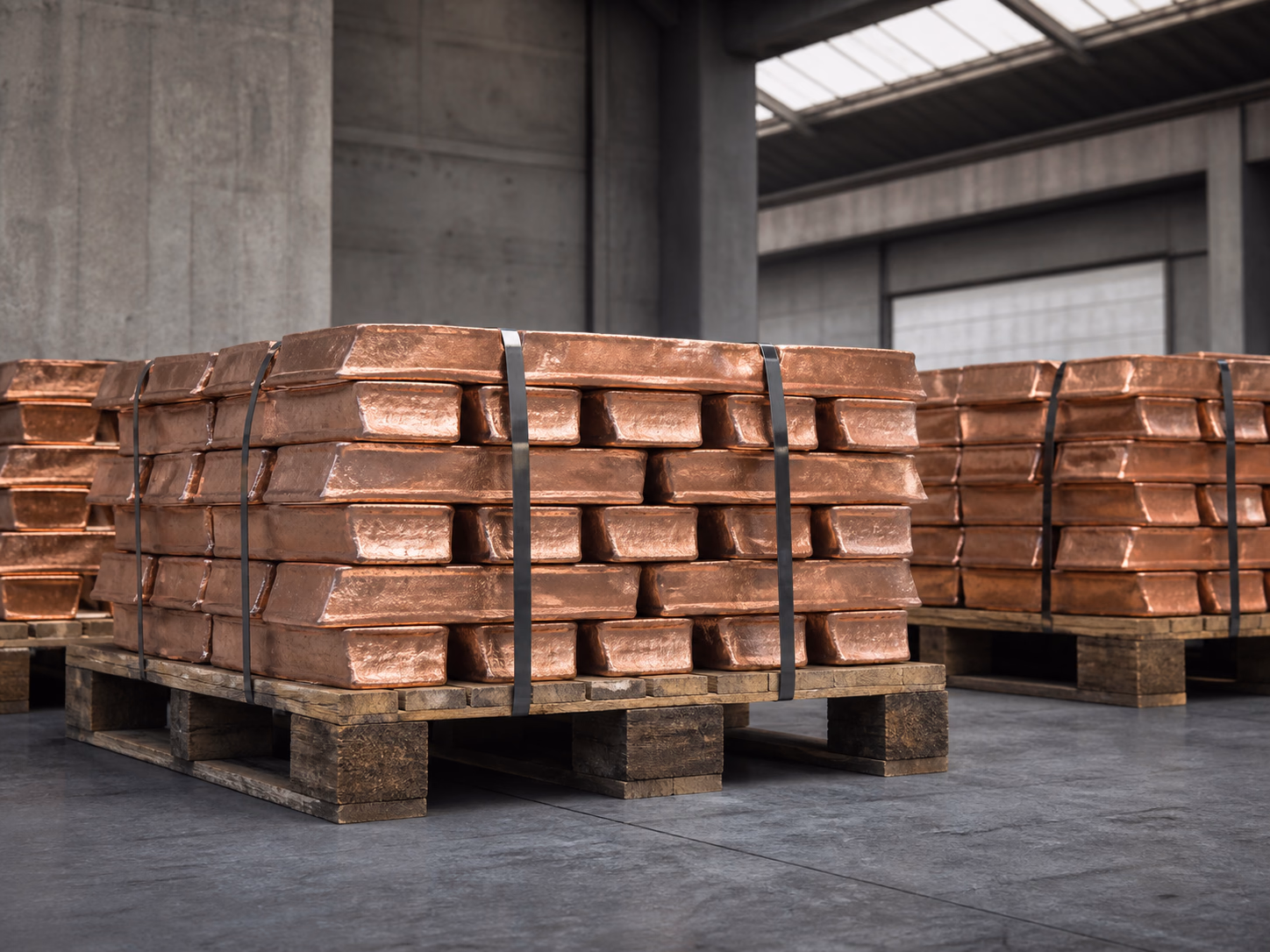 Copper ingots on export pallets