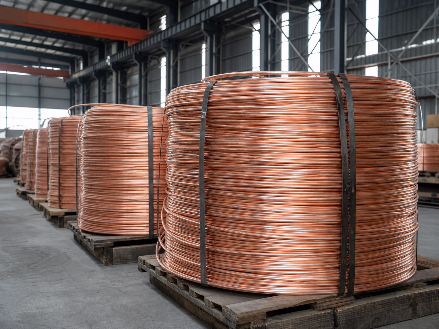 Copper wire rod coils in a logistics warehouse