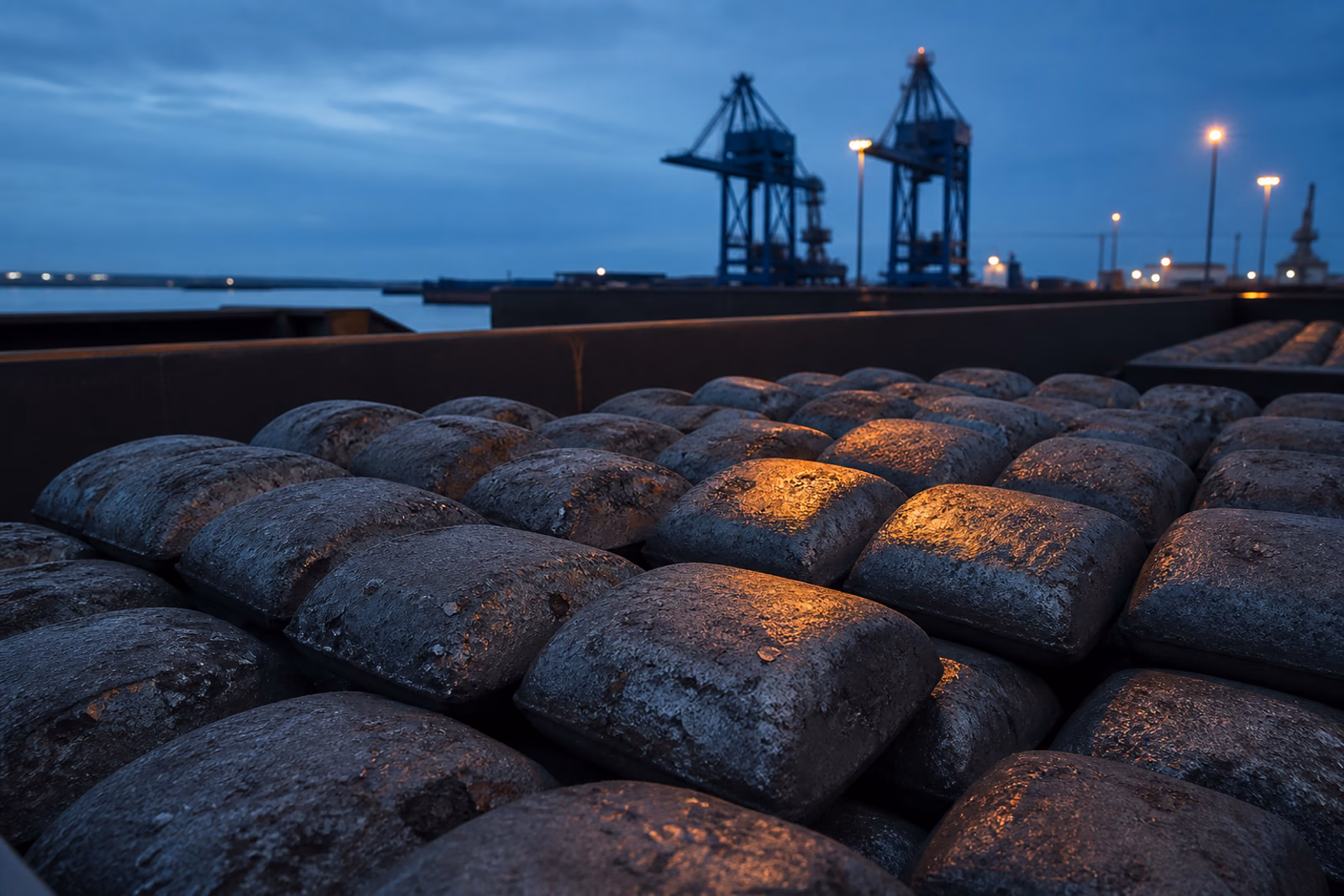 Hot briquetted iron prepared for port inspection