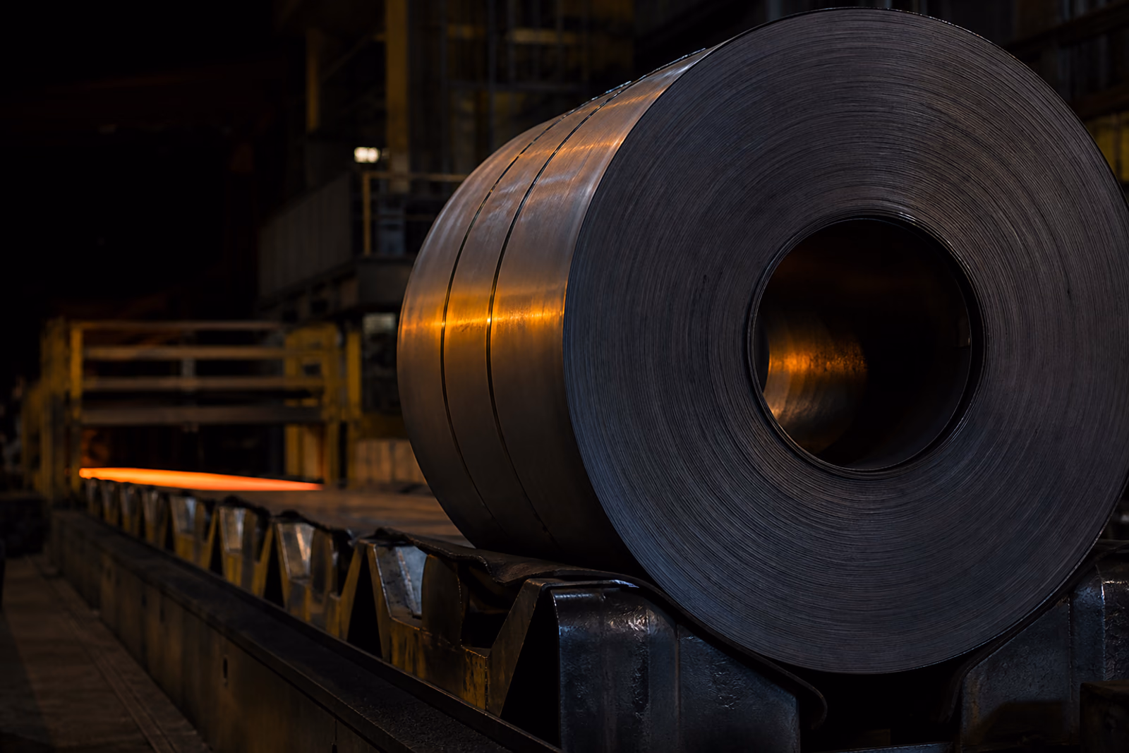Hot-rolled steel coil at the end of a rolling line