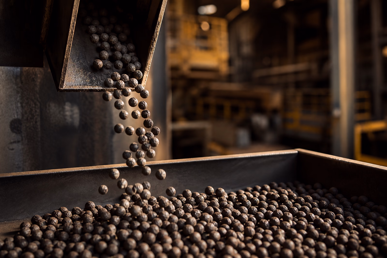 Iron ore pellets moving through a sampling chute