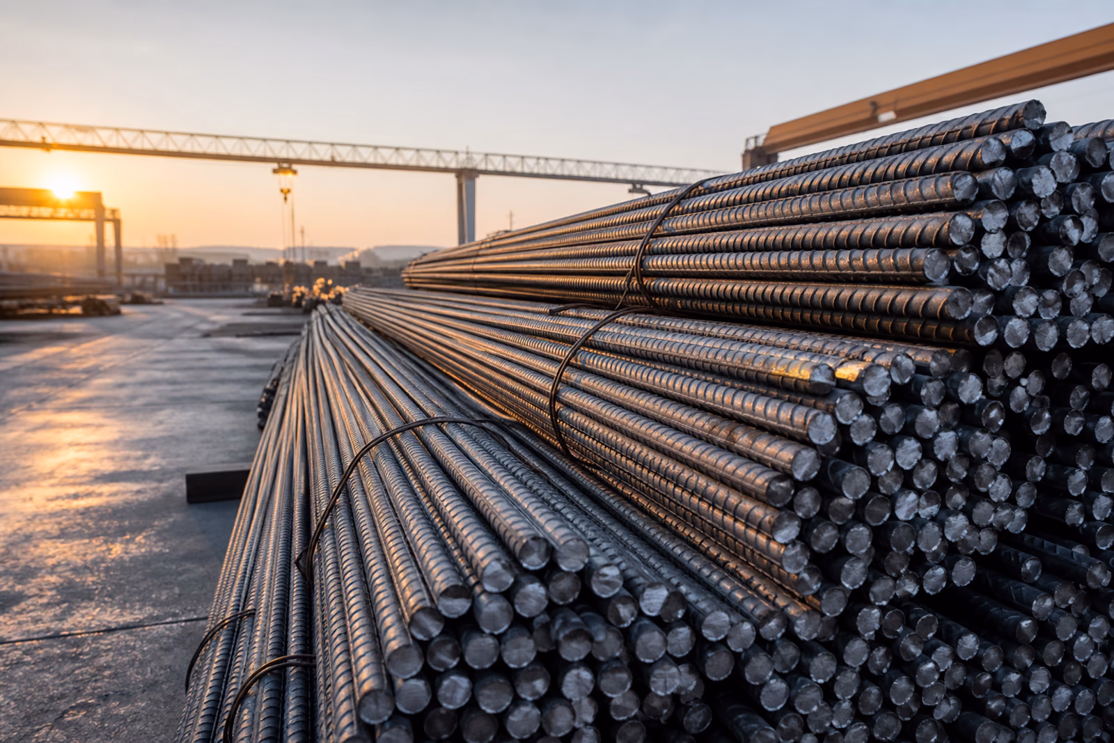 Bundles of ribbed reinforcing steel in an export yard