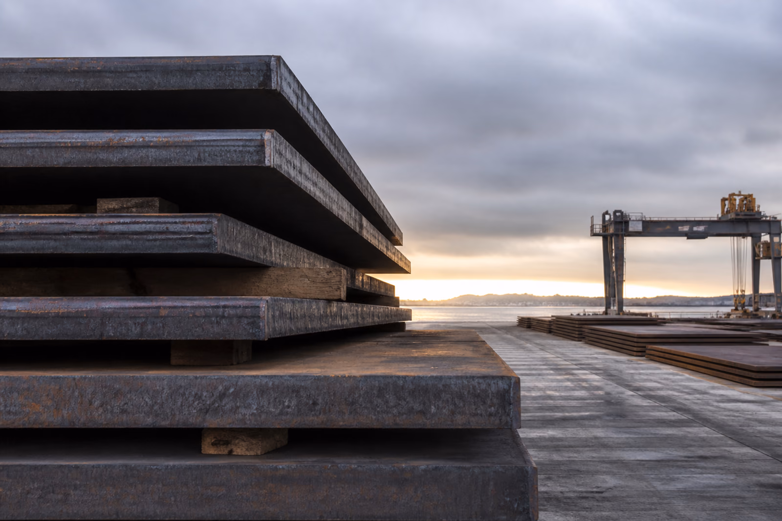 Steel slabs stacked in a coastal export yard