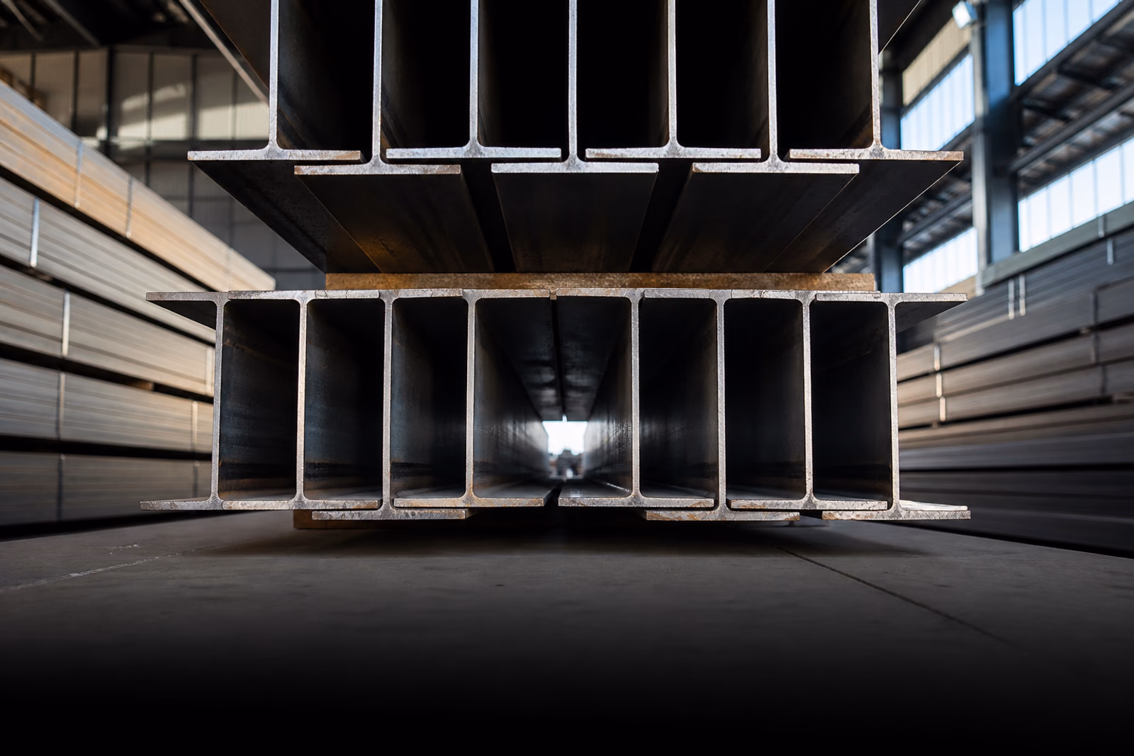Structural I-beams stacked in an export warehouse